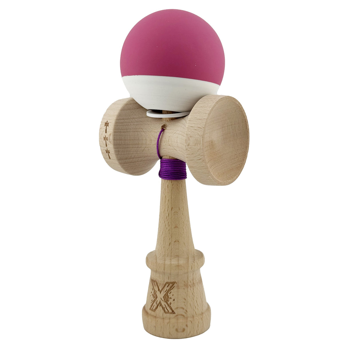 Kendama X Originala, Profesionala, Vivimall, Rubber Grip, Cupe Mari KING SIZE V3, Gaura in Baza, Rulment Metalic, din lemn 18 cm, Ata 55 cm, Bicolor Roz inchis/Alb - vivimall.ro