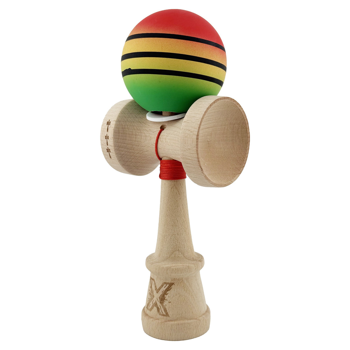 Kendama X Originala, Profesionala, Vivimall, Rubber Grip, Cupe Mari KING SIZE V3, Gaura in Baza, Rulment Metalic, din lemn 18 cm, Ata 55 cm, Special Rosu/Galben/Verde - vivimall.ro