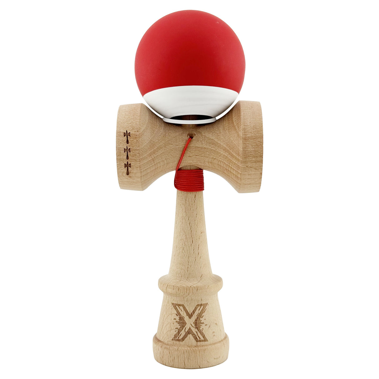 Kendama X Originala, Profesionala, Vivimall, Rubber Grip, Cupe Mari KING SIZE V3, Gaura in Baza, Rulment Metalic, din lemn 18 cm, Ata 55 cm, Bicolor Rosu/Alb - vivimall.ro