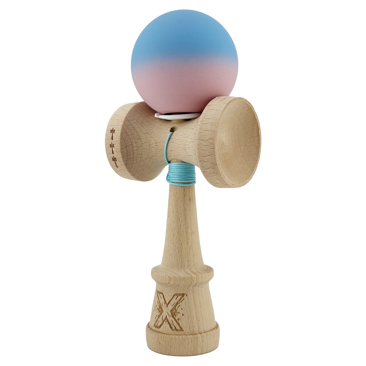 Kendama X Originala, Profesionala, Vivimall, Rubber Grip, Cupe Mari KING SIZE V3, Gaura in Baza, Rulment Metalic, din lemn 18 cm, Ata 55 cm, Gradient Albastru/Roz - vivimall.ro
