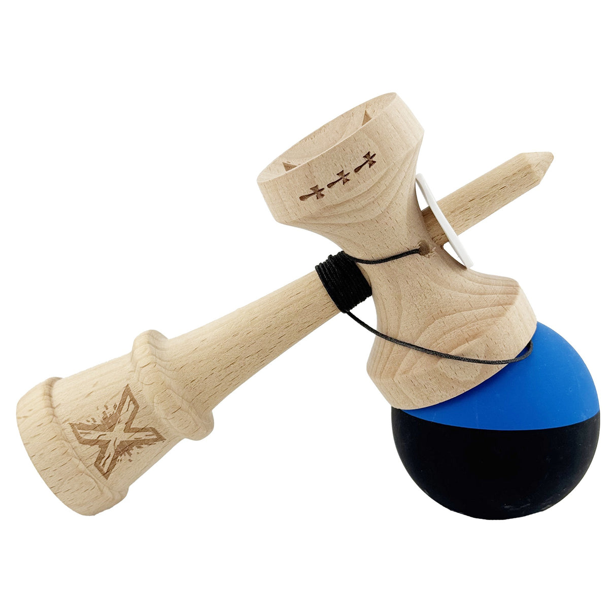 Kendama X Originala, Profesionala, Vivimall, Rubber Grip, Cupe Mari KING SIZE V3, Gaura in Baza, Rulment Metalic, din lemn 18 cm, Ata 55 cm, Bicolor Albastru/Negru - vivimall.ro