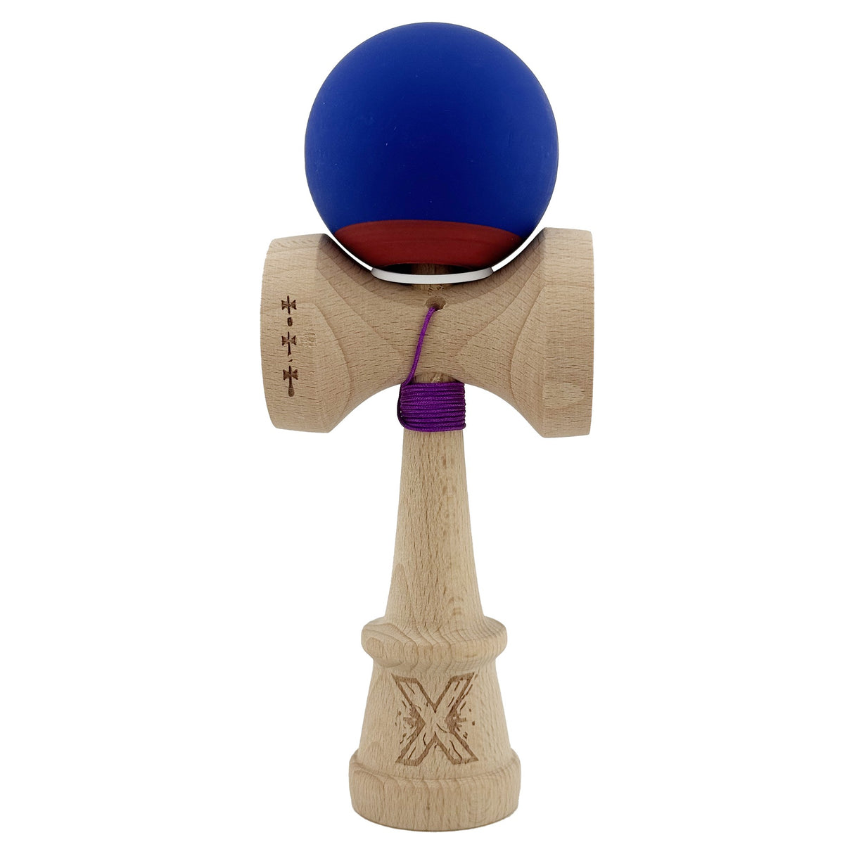 Kendama X Originala, Profesionala, Vivimall, Rubber Grip, Cupe Mari KING SIZE V3, Gaura in Baza, Rulment Metalic, din lemn 18 cm, Ata 55 cm, Bicolor Albastru inchis/Rosu - vivimall.ro