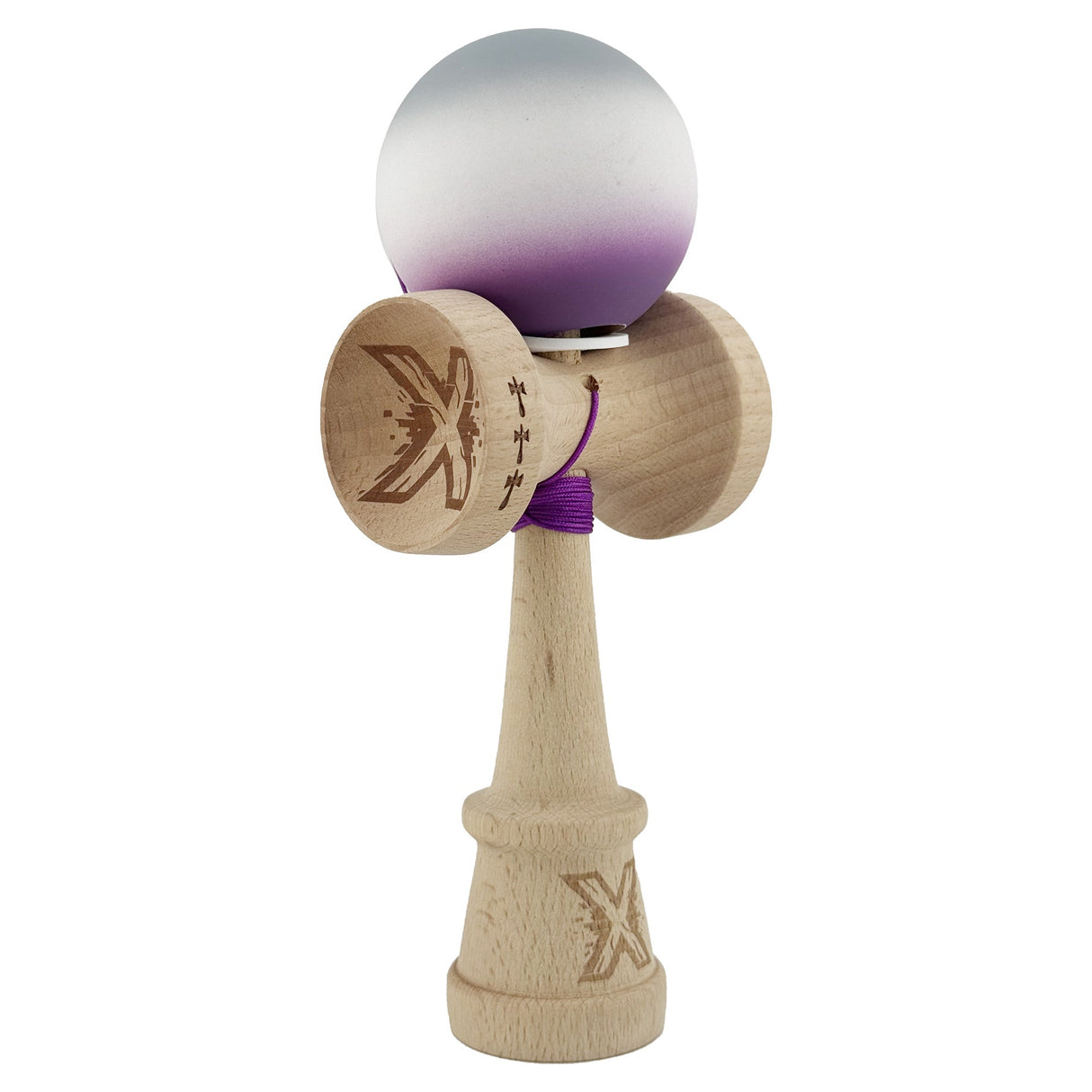 Kendama X Originala, Profesionala, Flippy, Rubber Grip, Cupe Mari KING SIZE V3, Gaura in Baza, Rulment Metalic, din lemn 18 cm, Ata 62/65 cm, Gradient Gri/Alb/Mov - vivimall.ro