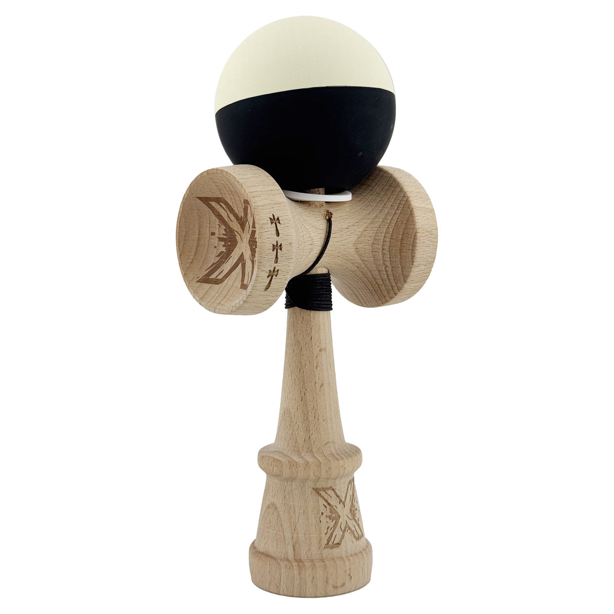 Kendama X Originala, Profesionala, Vivimall, Rubber Grip, Cupe Mari KING SIZE V3, Gaura in Baza, Rulment Metalic, din lemn 18 cm, Ata 55 cm, Bicolor Galben/Negru - vivimall.ro