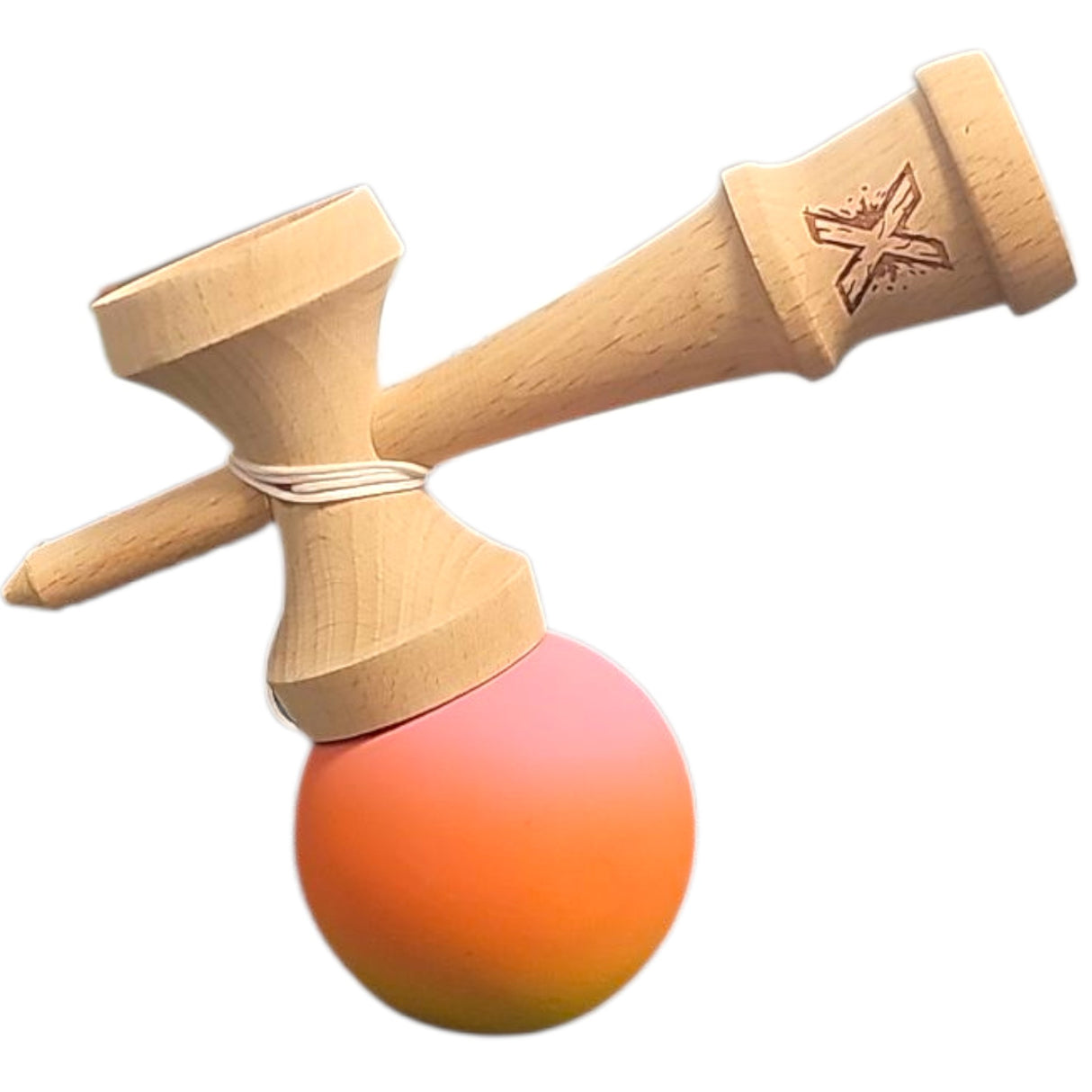 Kendama X Originala, Profesionala, Flippy, Rubber Grip, din Lemn, 18 cm, Roz/Portocaliu/Galben
