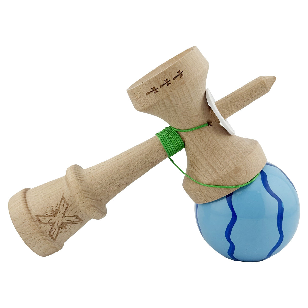 Kendama X Originala, Profesionala, Flippy, Super Sticky cu Cupe Mari KING SIZE V3, Gaura in Baza, Rulment Metalic, din lemn 18 cm, Ata 62/65 cm, Special Albastru deschis - vivimall.ro