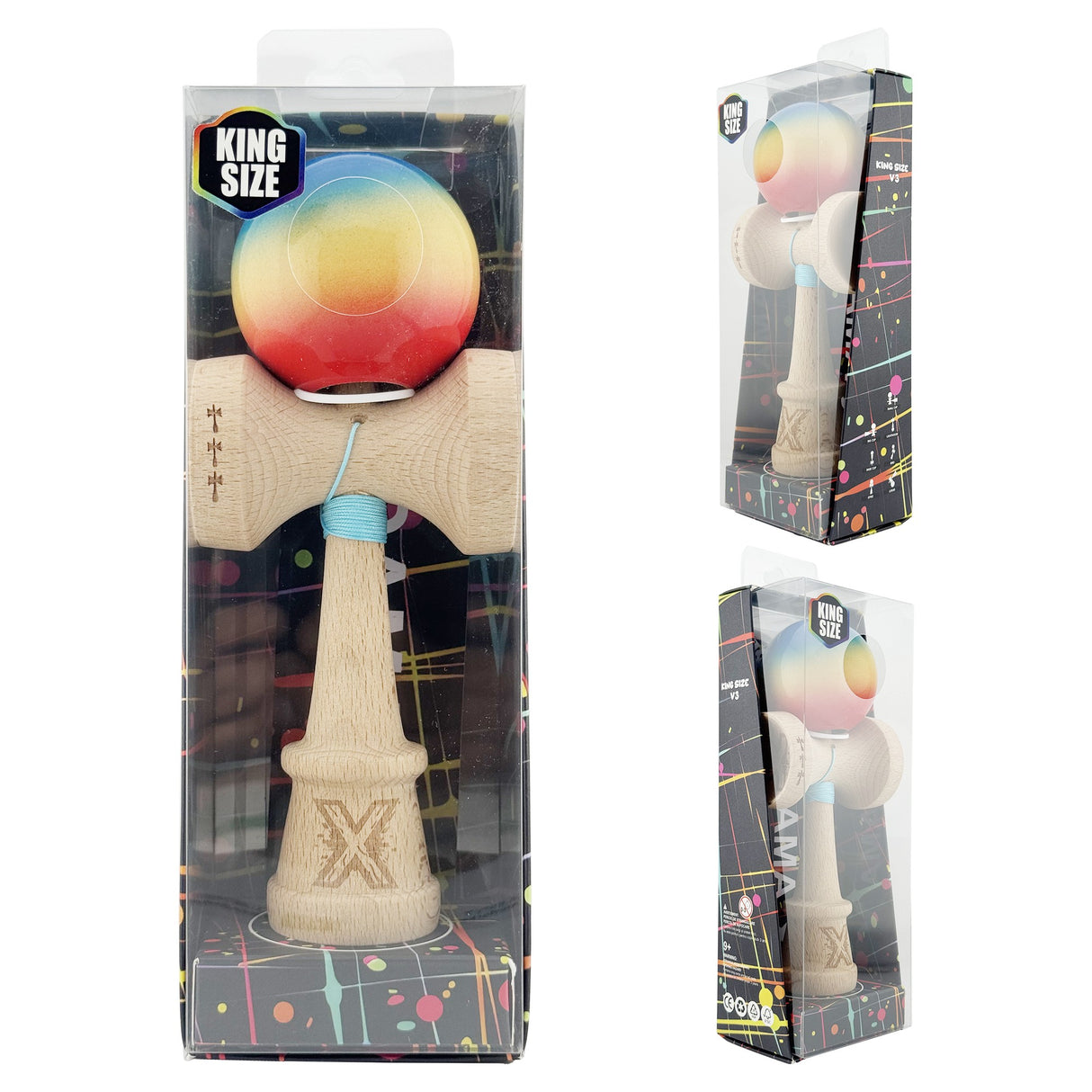 Kendama X Originala, Profesionala, Flippy, Super Sticky cu Cupe Mari KING SIZE V3, Gaura in Baza, Rulment Metalic, din lemn 18 cm, Ata 62/65 cm, Gradient Albastru/Galben/Rosu - vivimall.ro
