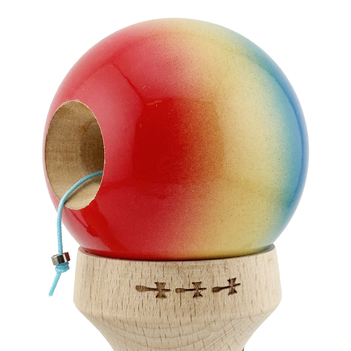 Kendama X Originala, Profesionala, Flippy, Super Sticky cu Cupe Mari KING SIZE V3, Gaura in Baza, Rulment Metalic, din lemn 18 cm, Ata 62/65 cm, Gradient Albastru/Galben/Rosu - vivimall.ro