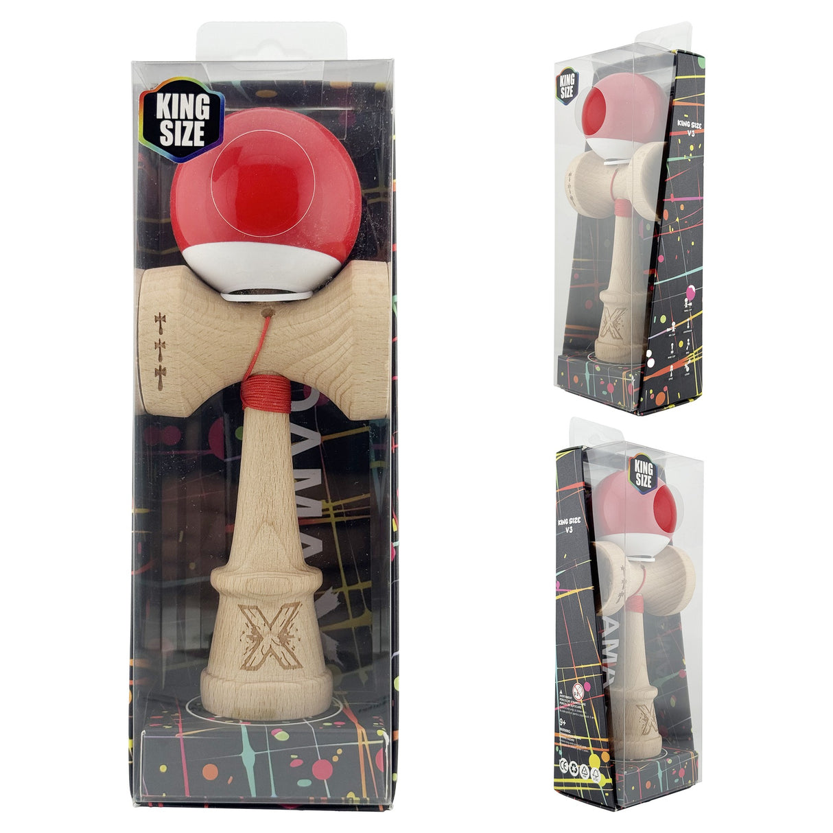 Kendama originală Roșu/Alb în mână, demonstrație trick cu cupă mare, vedere din față