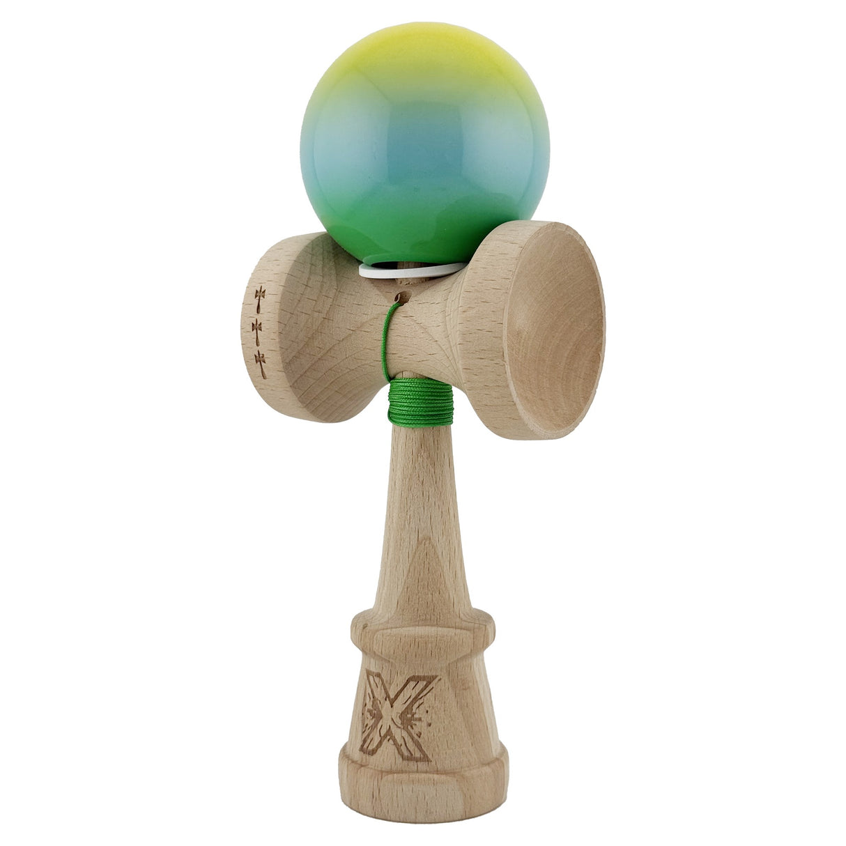 Kendama X Originala, Profesionala, Flippy, Super Sticky cu Cupe Mari KING SIZE V3, Gaura in Baza, Rulment Metalic, din lemn 18 cm, Ata 62/65 cm, Gradient Galben/Albastru/Verde - vivimall.ro
