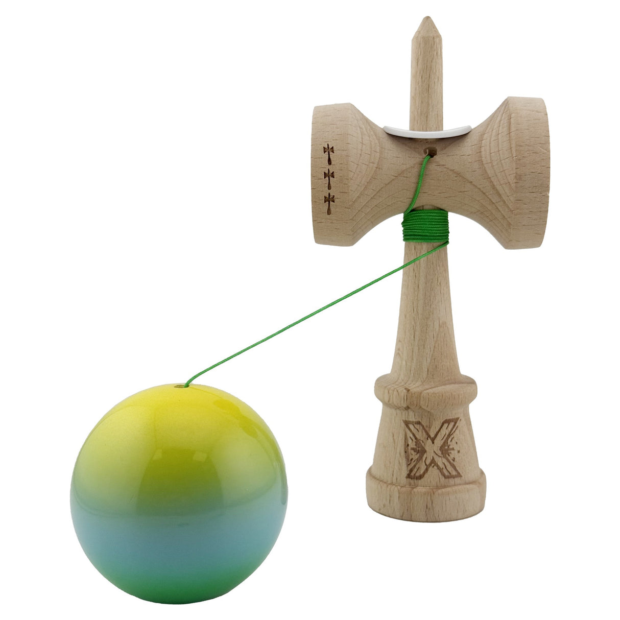 Kendama X Originala, Profesionala, Flippy, Super Sticky cu Cupe Mari KING SIZE V3, Gaura in Baza, Rulment Metalic, din lemn 18 cm, Ata 62/65 cm, Gradient Galben/Albastru/Verde - vivimall.ro