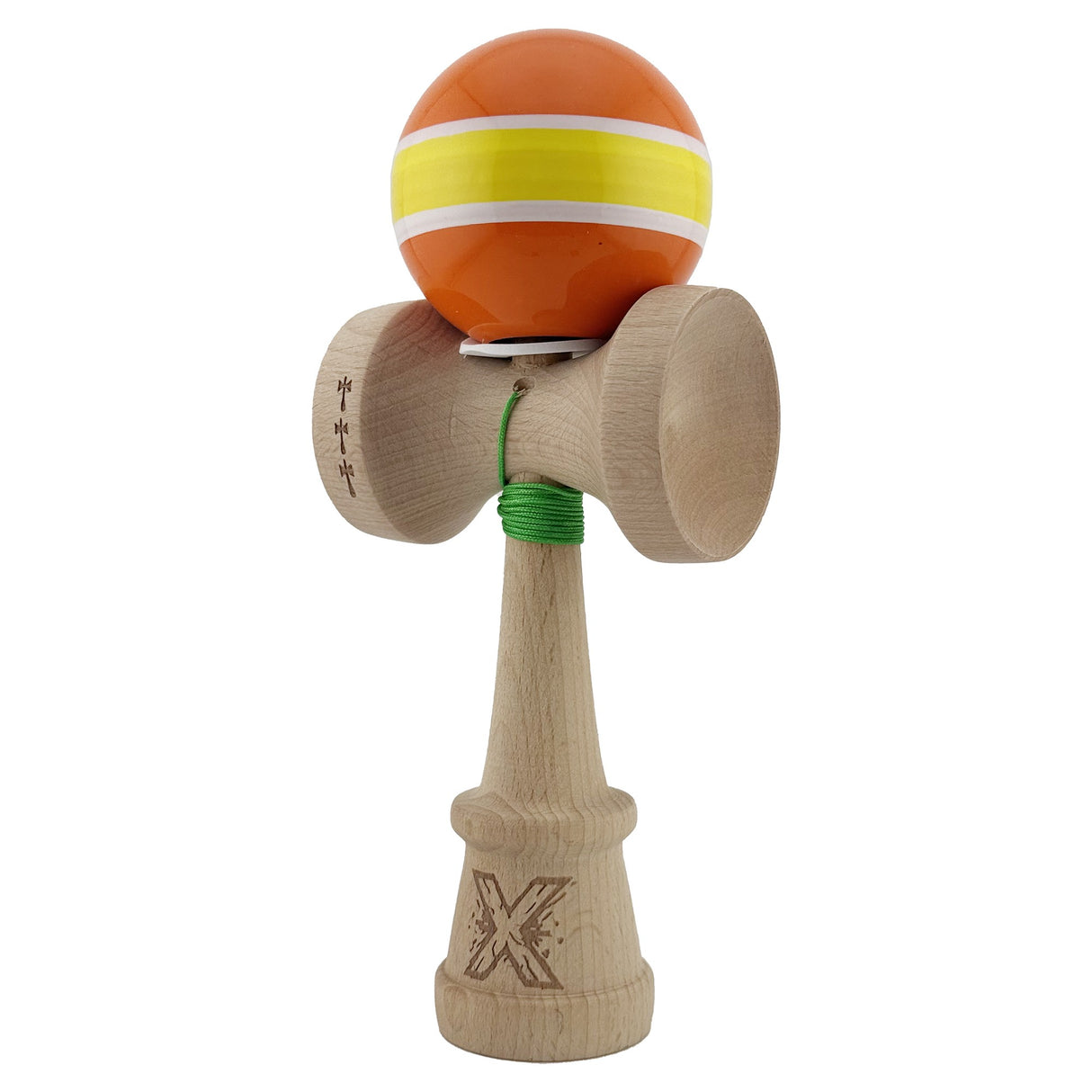 Kendama X Originala, Profesionala, Flippy, Super Sticky cu Cupe Mari KING SIZE V3, Gaura in Baza, Rulment Metalic, din lemn 18 cm, Ata 62/65 cm, Special Portocaliu/Galben - vivimall.ro