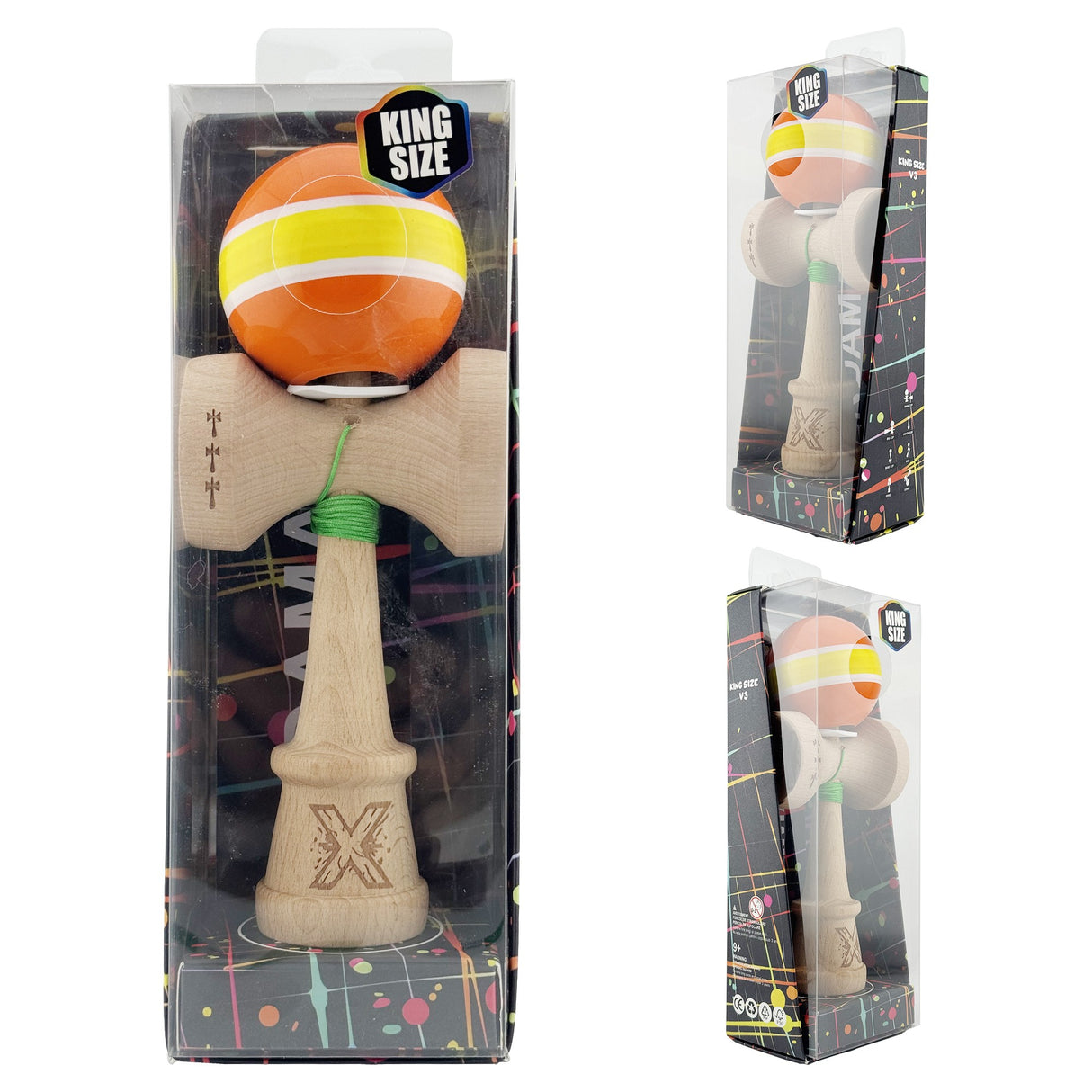 Kendama X Originala, Profesionala, Flippy, Super Sticky cu Cupe Mari KING SIZE V3, Gaura in Baza, Rulment Metalic, din lemn 18 cm, Ata 62/65 cm, Special Portocaliu/Galben - vivimall.ro