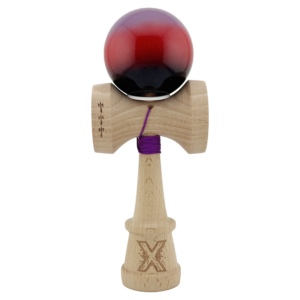 Kendama X Originala, Profesionala, Flippy, Super Sticky cu Cupe Mari KING SIZE V3, Gaura in Baza, Rulment Metalic, din lemn 18 cm, Ata 62/65 cm, Gradient Mov/Rosu/Negru - vivimall.ro