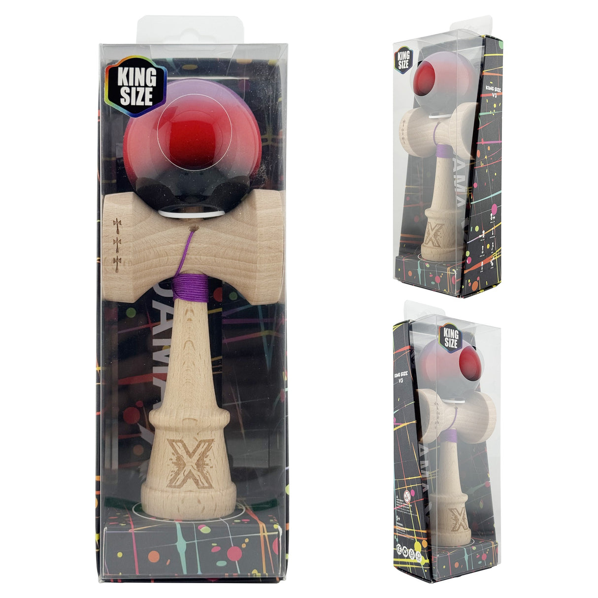 Kendama X Originala, Profesionala, Flippy, Super Sticky cu Cupe Mari KING SIZE V3, Gaura in Baza, Rulment Metalic, din lemn 18 cm, Ata 62/65 cm, Gradient Mov/Rosu/Negru - vivimall.ro