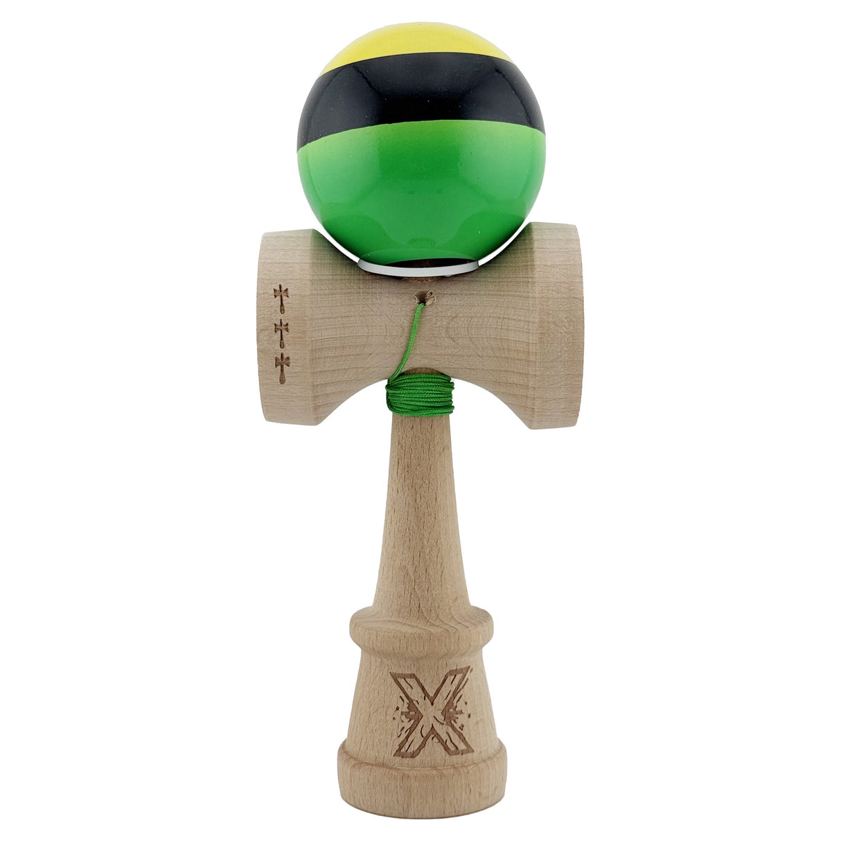 Kendama X Originala, Profesionala, Flippy, Super Sticky cu Cupe Mari KING SIZE V3, Gaura in Baza, Rulment Metalic, din lemn 18 cm, Ata 62/65 cm, Galben/Negru/Verde - vivimall.ro