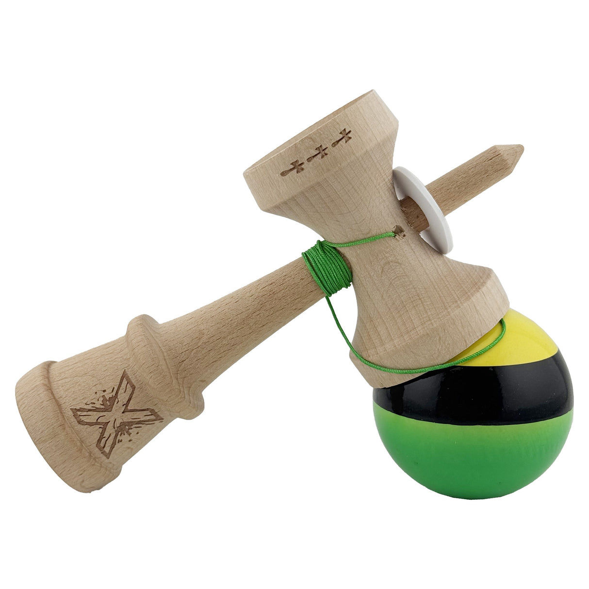 Kendama X Originala, Profesionala, Flippy, Super Sticky cu Cupe Mari KING SIZE V3, Gaura in Baza, Rulment Metalic, din lemn 18 cm, Ata 62/65 cm, Galben/Negru/Verde - vivimall.ro