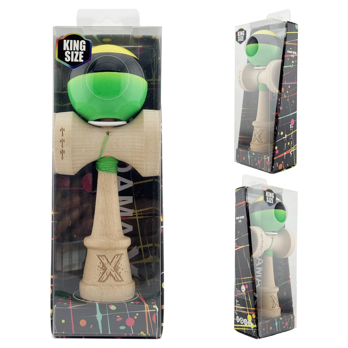 Kendama X Originala, Profesionala, Flippy, Super Sticky cu Cupe Mari KING SIZE V3, Gaura in Baza, Rulment Metalic, din lemn 18 cm, Ata 62/65 cm, Galben/Negru/Verde - vivimall.ro