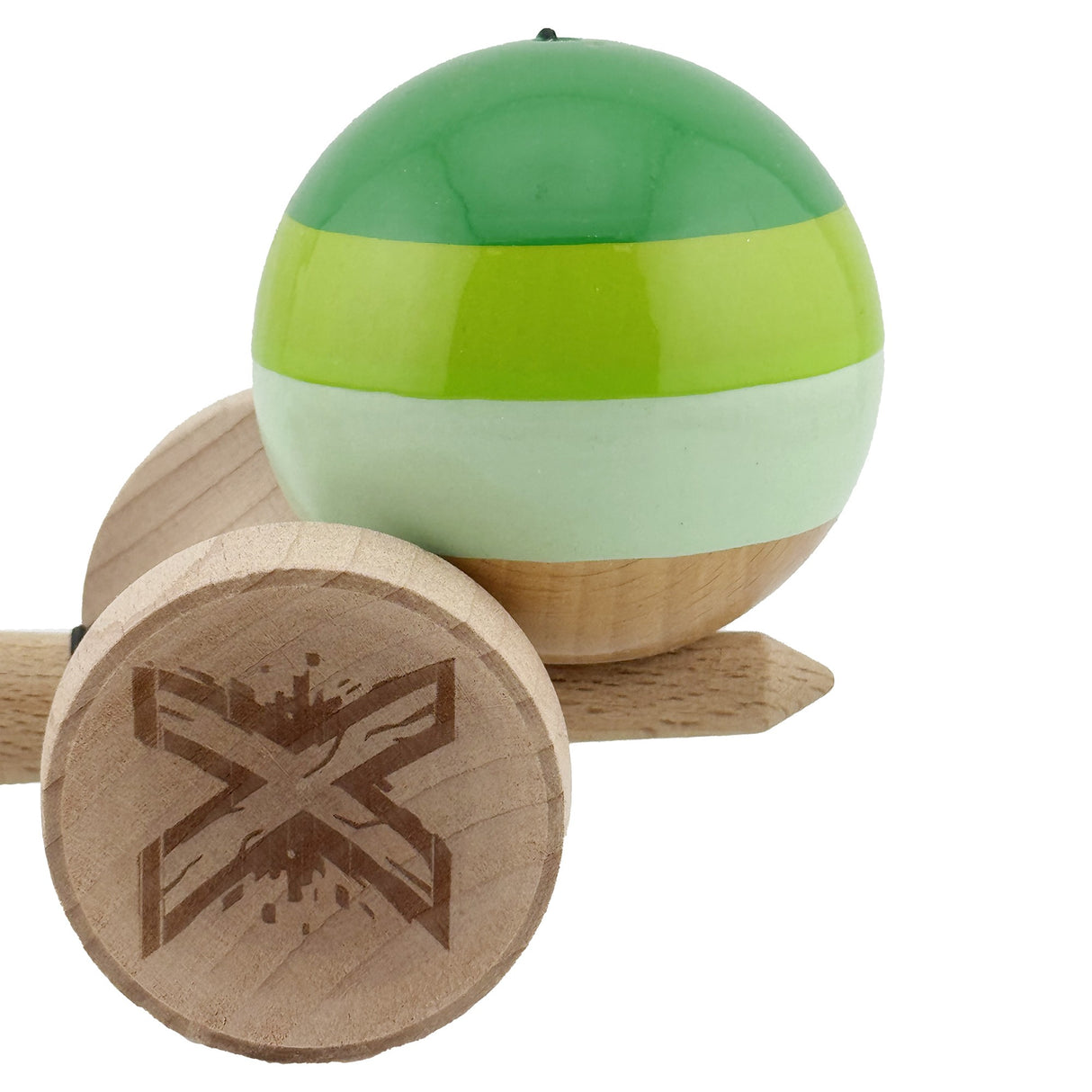 Kendama X Originala, Profesionala, Flippy, Super Sticky cu Cupe Mari KING SIZE V3, Gaura in Baza, Rulment Metalic, din lemn 18 cm, Ata 62/65 cm, Special Verde degrade - vivimall.ro