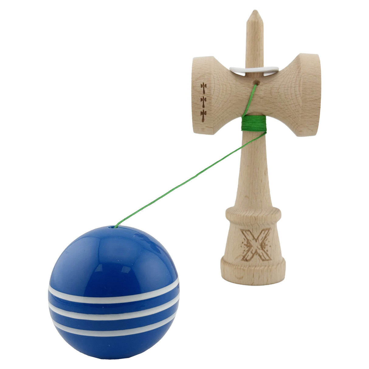 Kendama X Originala, Profesionala, Flippy, Super Sticky cu Cupe Mari KING SIZE V3, Gaura in Baza, Rulment Metalic, din lemn 18 cm, Ata 62/65 cm, Special Albastru/Alb - vivimall.ro