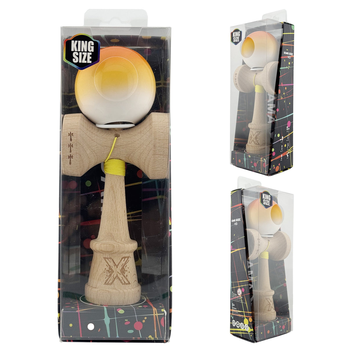 Kendama X Originala, Profesionala, Flippy, Super Sticky cu Cupe Mari KING SIZE V3, Gaura in Baza, Rulment Metalic, din lemn 18 cm, Ata 62/65 cm, Gradient Portocaliu/Galben/Alb - vivimall.ro