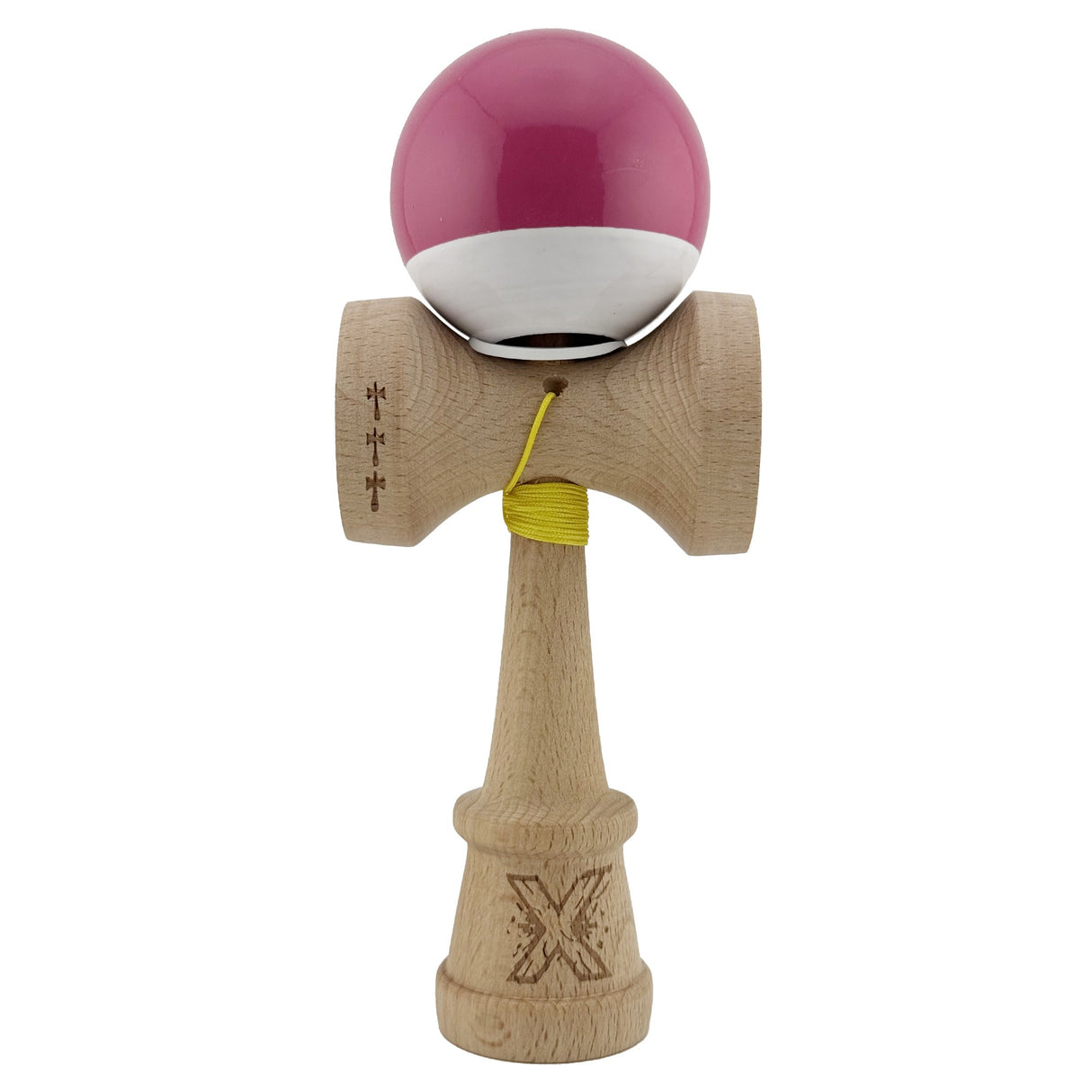 Kendama X Originala, Profesionala, Vivimall, Super Sticky cu Cupe Mari KING SIZE V3, Gaura in Baza, Rulment Metalic, din lemn 18 cm, Ata 62/65 cm, Bicolor Roz inchis/Alb - vivimall.ro