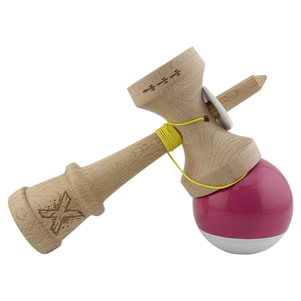 Kendama X Originala, Profesionala, Vivimall, Super Sticky cu Cupe Mari KING SIZE V3, Gaura in Baza, Rulment Metalic, din lemn 18 cm, Ata 62/65 cm, Bicolor Roz inchis/Alb - vivimall.ro