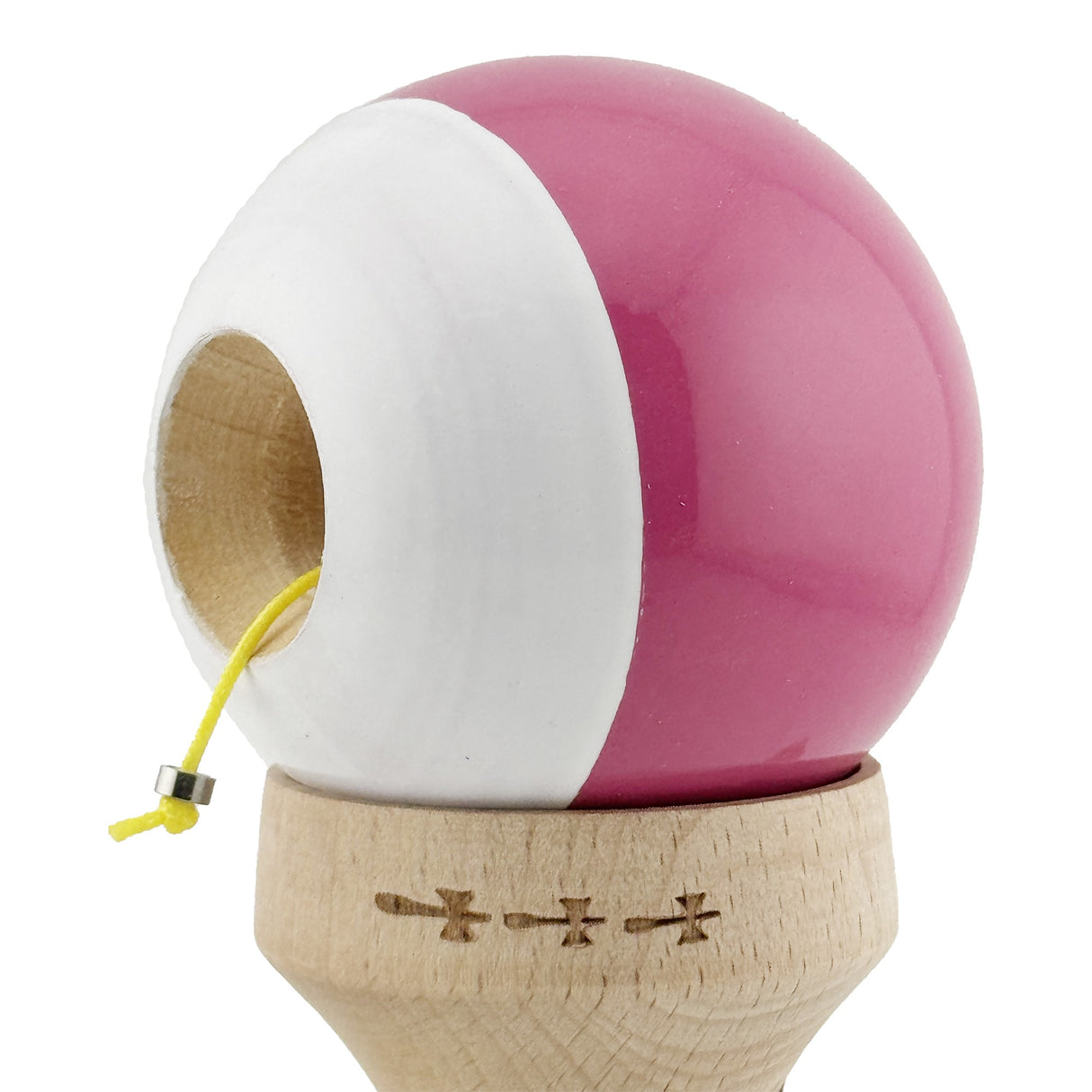 Kendama X Originala, Profesionala, Vivimall, Super Sticky cu Cupe Mari KING SIZE V3, Gaura in Baza, Rulment Metalic, din lemn 18 cm, Ata 62/65 cm, Bicolor Roz inchis/Alb - vivimall.ro