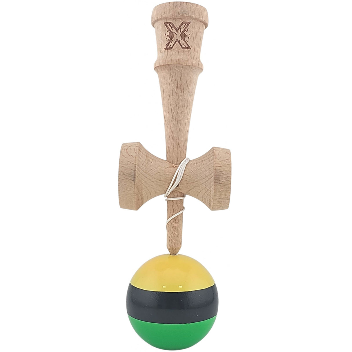 Kendama X Originala, Profesionala, Flippy, Super Sticky din Lemn, 18 cm, Galben/Negru/Verde