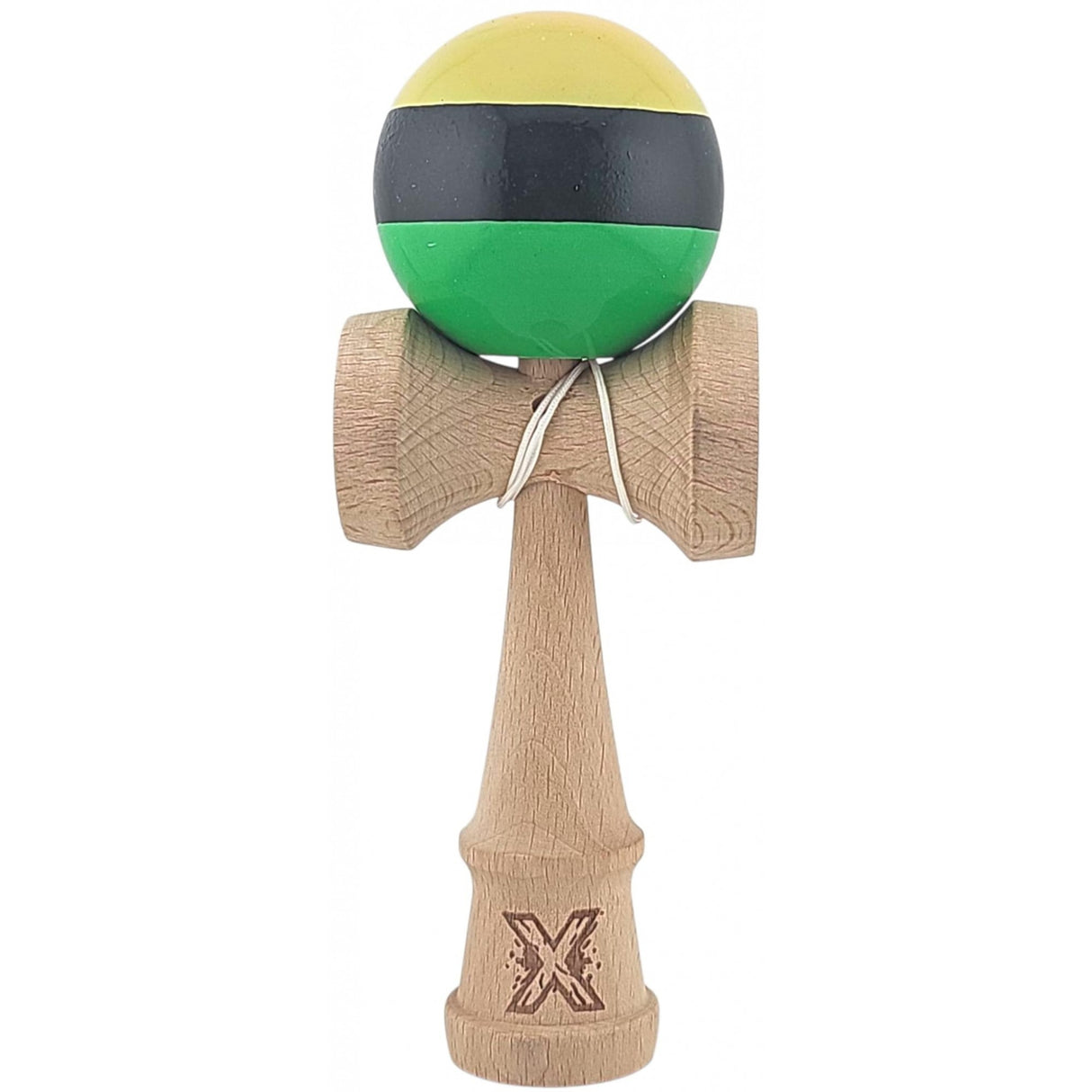 Kendama X Originala, Profesionala, Flippy, Super Sticky din Lemn, 18 cm, Galben/Negru/Verde