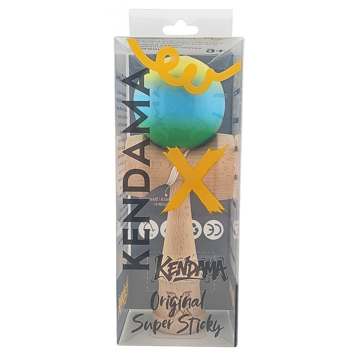 Kendama X Originala, Profesionala, Vivimall, Super Sticky din Lemn, 18 cm, Gradient Galben/Albastru deschis/Verde - vivimall.ro