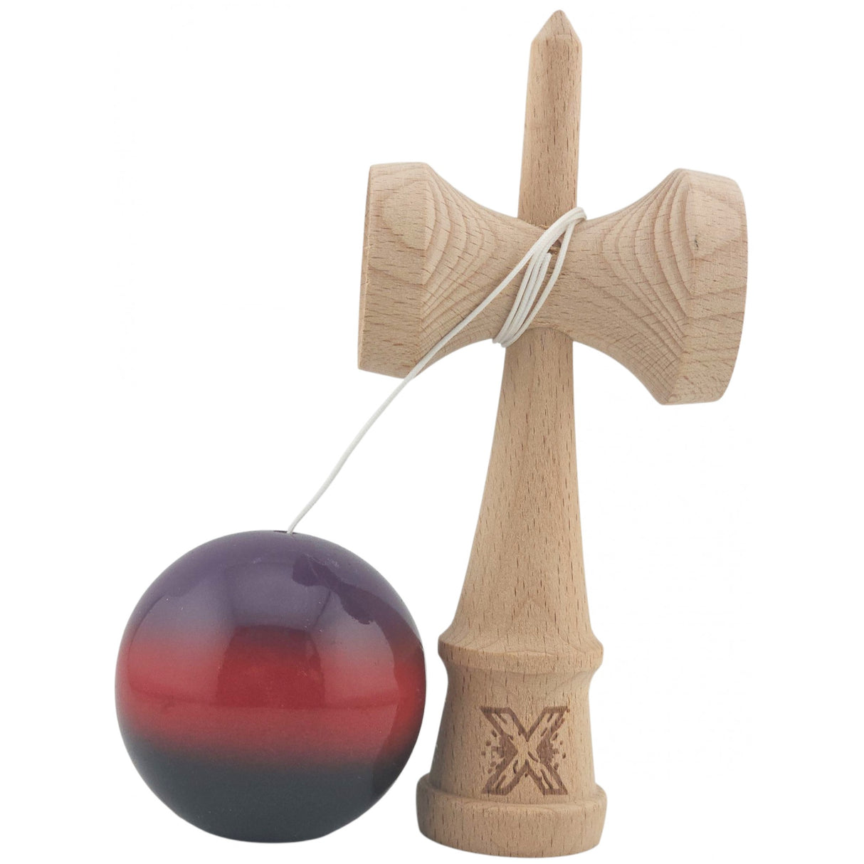 Kendama X Originala, Profesionala, Vivimall, Super Sticky din Lemn, 18 cm, Gradient Mov/Rosu/Negru - vivimall.ro