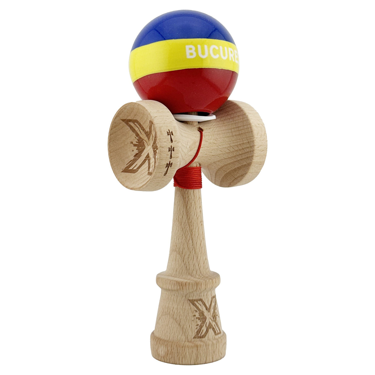 Kendama originală profesională din lemn, Tricolor Edition București, King Size V3, vedere frontală completă