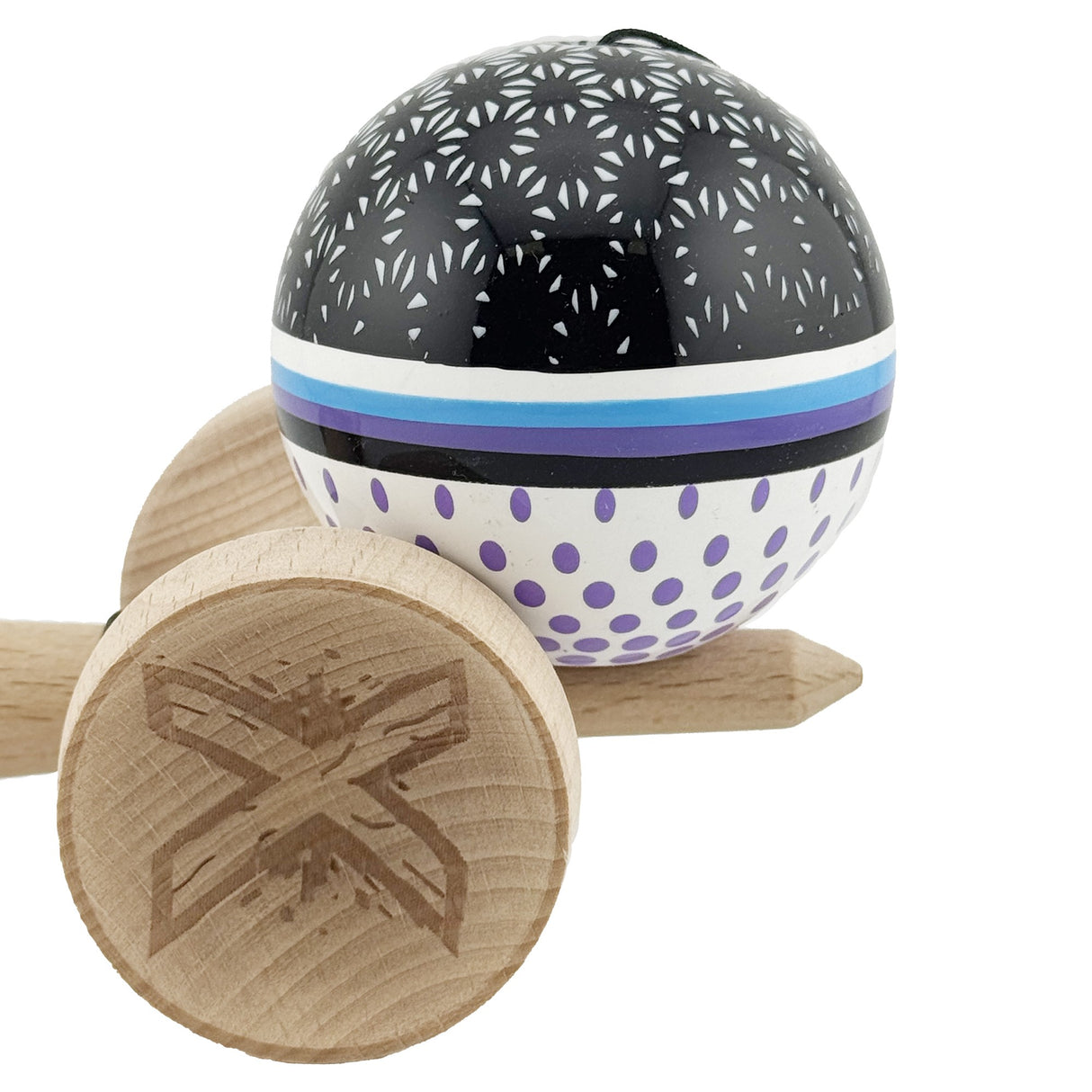 Kendama X Originala, Profesionala, Flippy, RAINDROPS, Super Sticky cu Cupe Mari KING SIZE V3, Gaura in Baza, Rulment Metalic, din lemn 18 cm, Ata 62/65 cm, Alb/Negru/Mov - vivimall.ro
