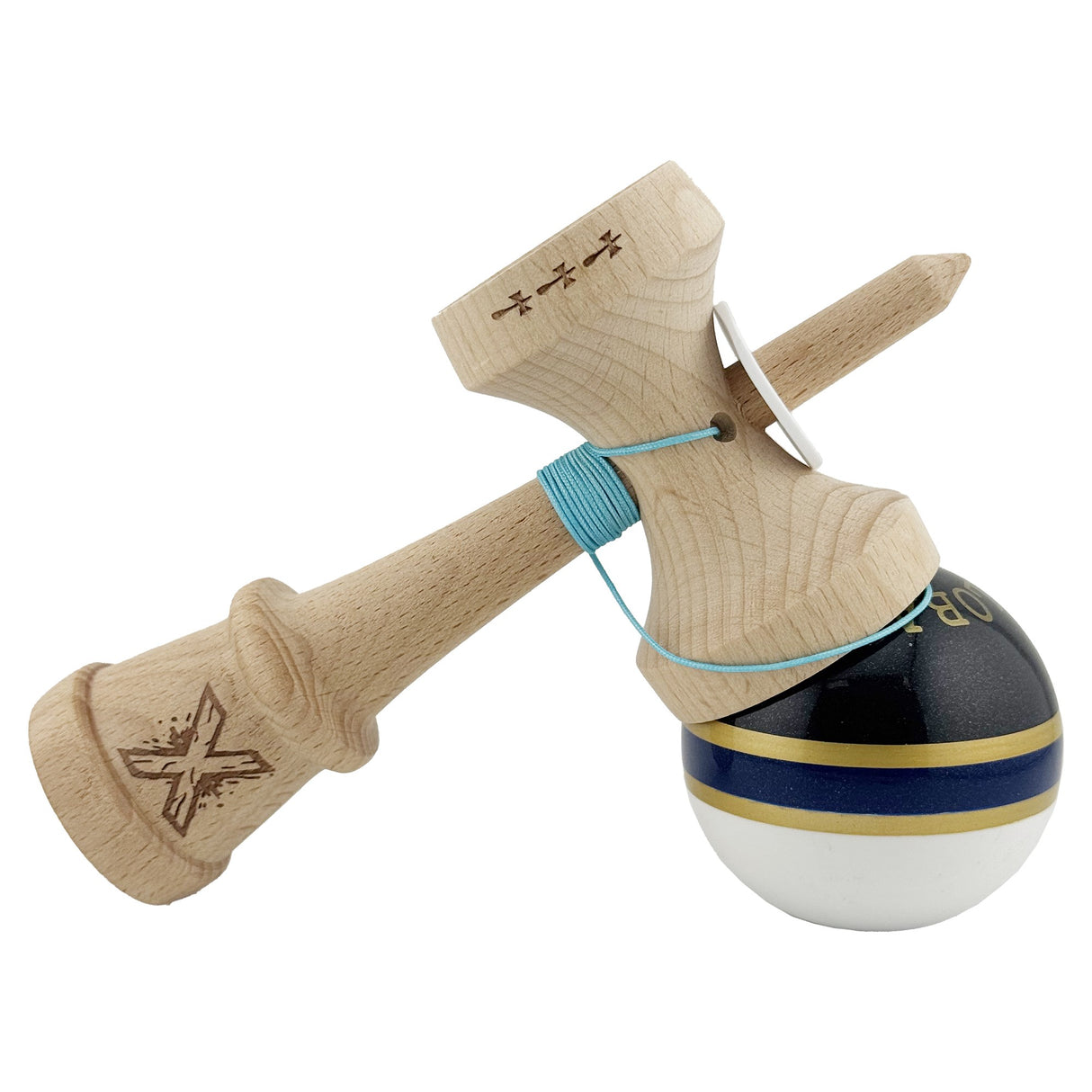 Kendama X Originala ROYAL SPIKE, Profesionala, Vivimall, Cupe Mari KING SIZE V3, Super Sticky, Gaura in Baza, Rulment Metalic, din lemn 18 cm, Ata 55 cm, Inel Albastru inchis