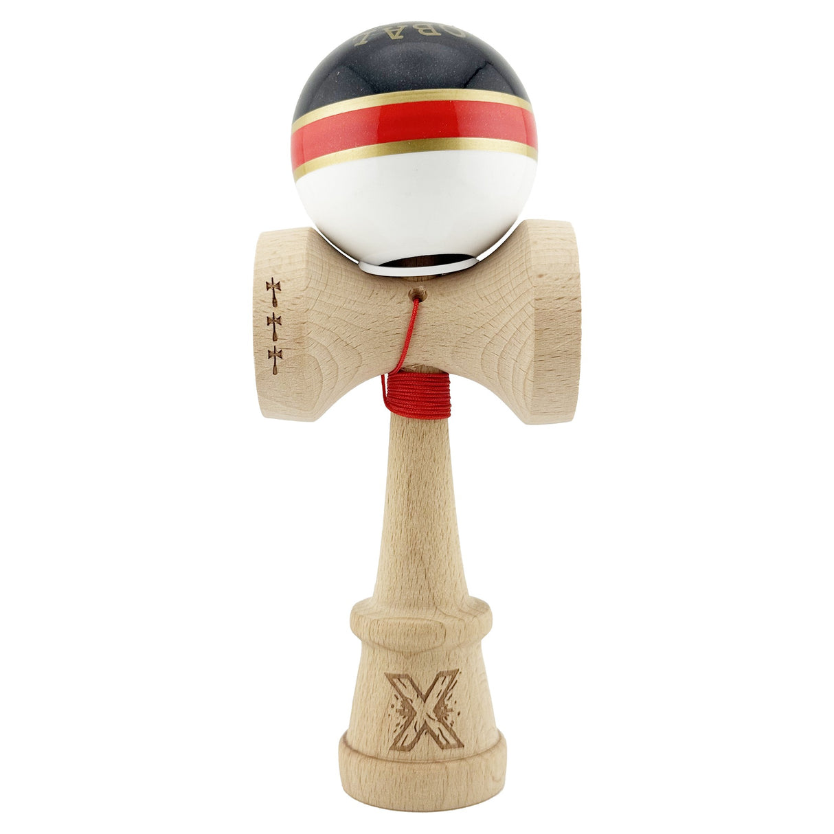 Kendama X Originala ROYAL SPIKE, Profesionala, Vivimall, Cupe Mari KING SIZE V3, Super Sticky, Gaura in Baza, Rulment Metalic, din lemn 18 cm, Ata 55 cm, Inel Rosu