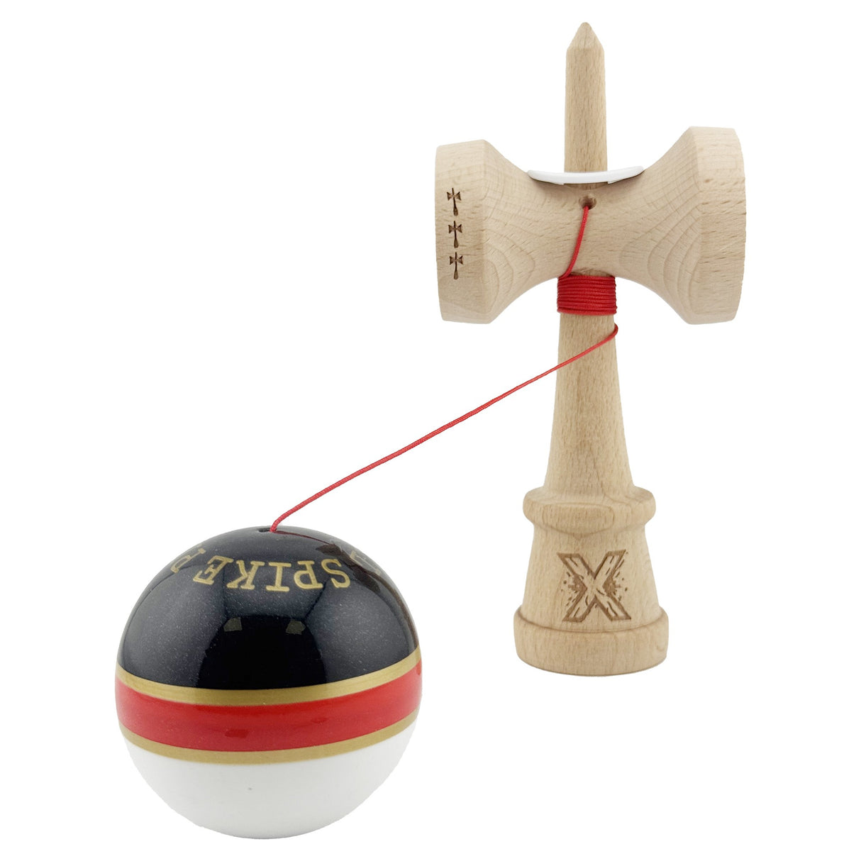 Kendama X Originala ROYAL SPIKE, Profesionala, Vivimall, Cupe Mari KING SIZE V3, Super Sticky, Gaura in Baza, Rulment Metalic, din lemn 18 cm, Ata 55 cm, Inel Rosu