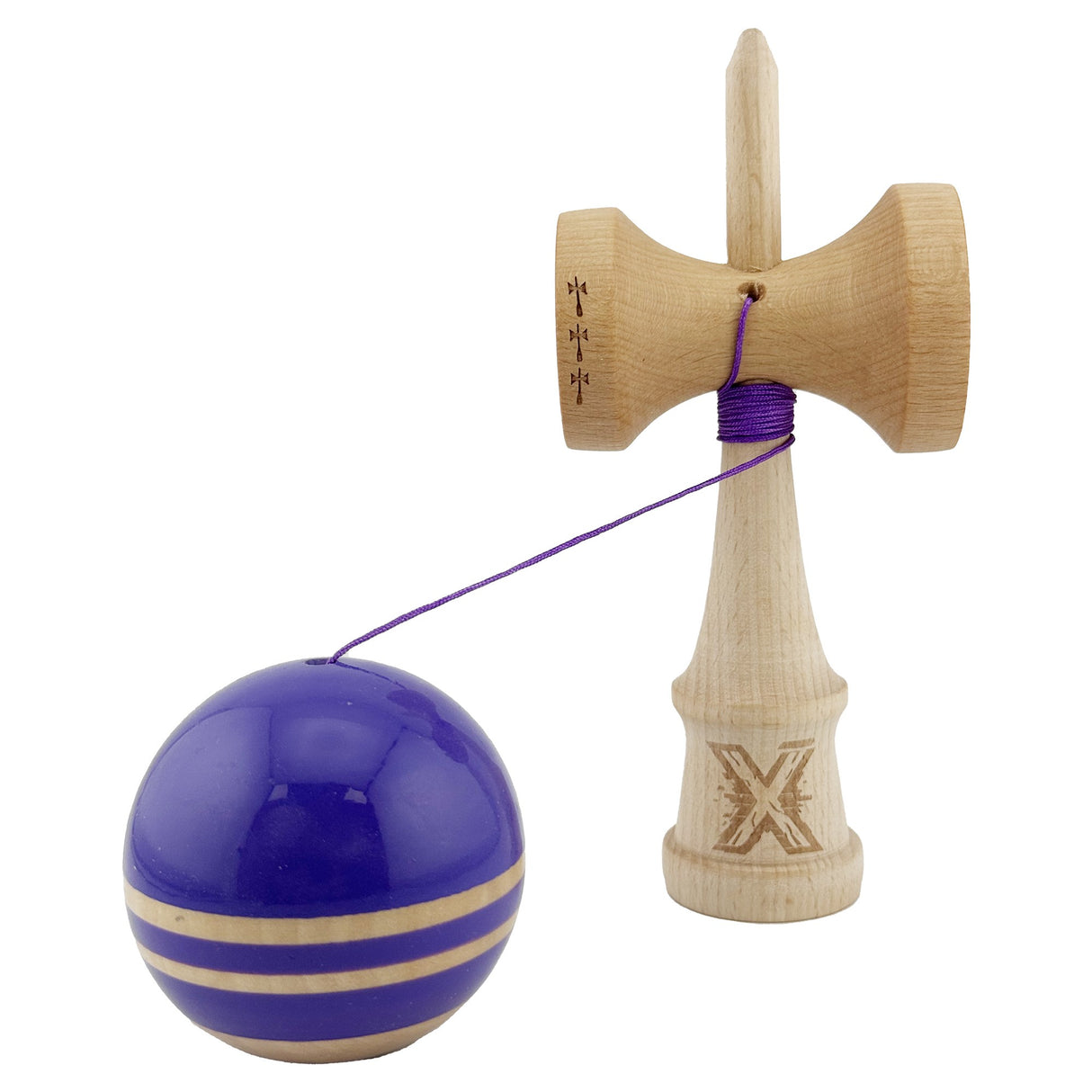 Kendama X Rainbow Originala, Profesionala, Vivimall, Big Cups V2, Super Sticky cu Cupe Mari, Rulment Metalic, din lemn 18 cm, Ata 55 cm, Indigo/Maro - vivimall.ro