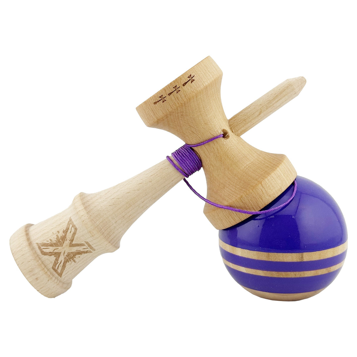 Kendama X Rainbow Originala, Profesionala, Flippy, Big Cups V2, Super Sticky cu Cupe Mari, Rulment Metalic, din lemn 18 cm, Ata 55 cm, Indigo/Maro - vivimall.ro