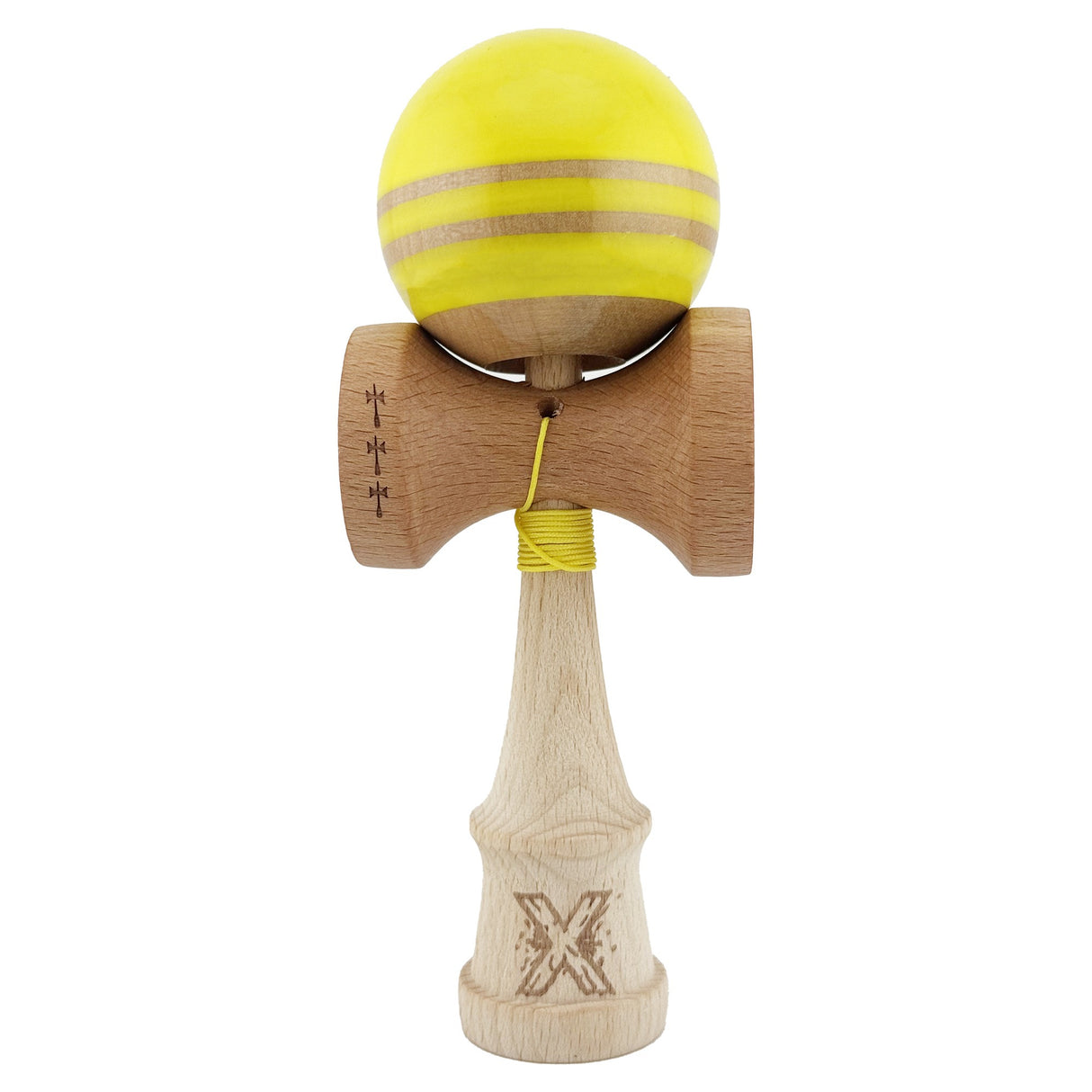 Kendama X Rainbow Originala, Profesionala, Flippy, Big Cups V2, Super Sticky cu Cupe Mari, Rulment Metalic, din lemn 18 cm, Ata 55 cm, Galben/Maro - vivimall.ro