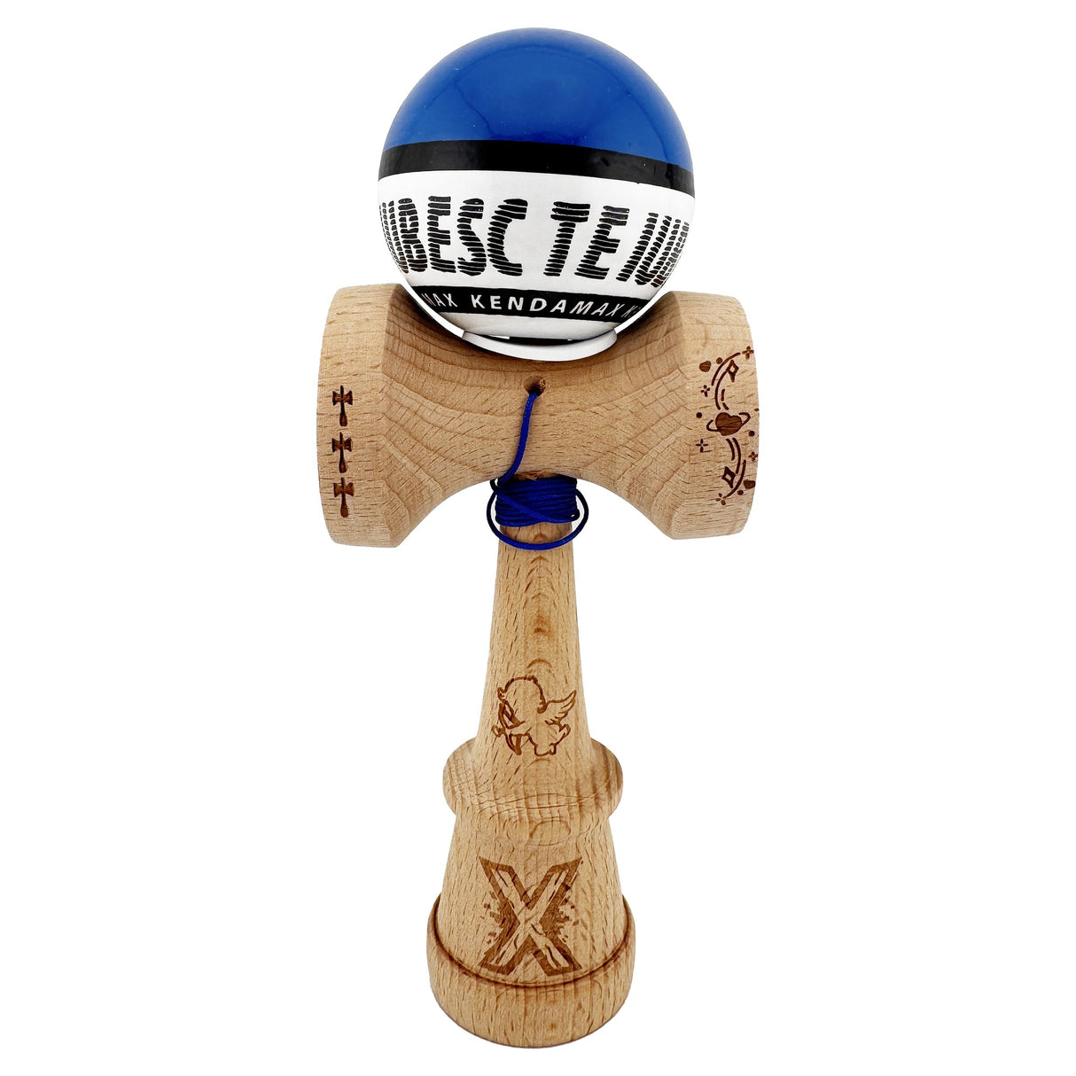 Kendama X TE IUBESC Originala, Profesionala, Flippy, Super Sticky cu Cupe Mari KING SIZE V3, Gaura in Baza, Rulment Metalic, din lemn 18 cm, Ata 62/65 cm, Albastru/Alb - vivimall.ro