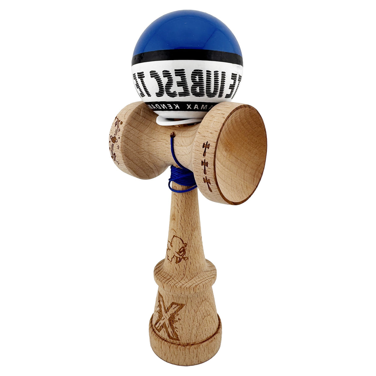 Kendama X TE IUBESC Originala, Profesionala, Flippy, Super Sticky cu Cupe Mari KING SIZE V3, Gaura in Baza, Rulment Metalic, din lemn 18 cm, Ata 62/65 cm, Albastru/Alb - vivimall.ro