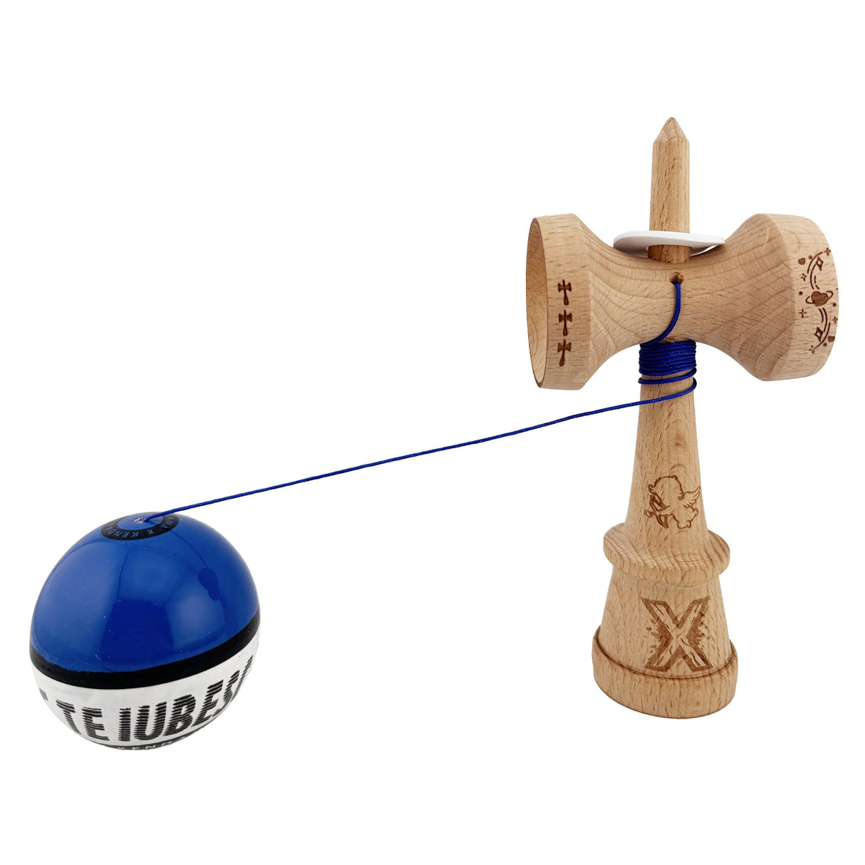 Kendama X TE IUBESC Originala, Profesionala, Flippy, Super Sticky cu Cupe Mari KING SIZE V3, Gaura in Baza, Rulment Metalic, din lemn 18 cm, Ata 62/65 cm, Albastru/Alb - vivimall.ro