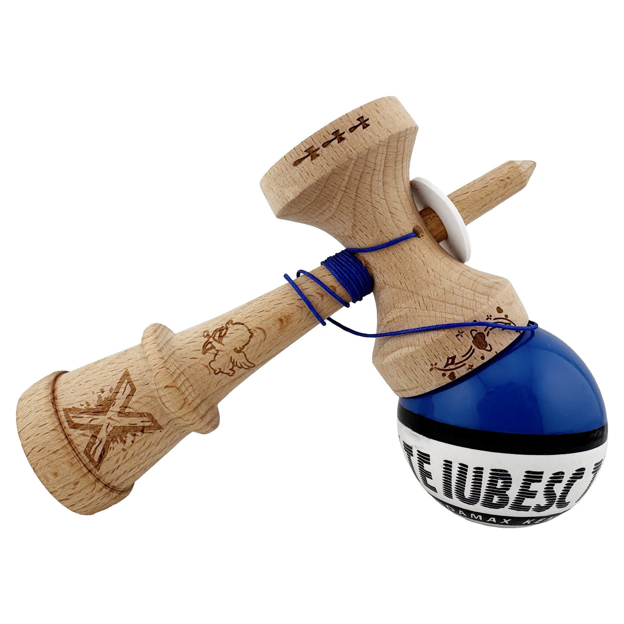 Kendama X TE IUBESC Originala, Profesionala, Flippy, Super Sticky cu Cupe Mari KING SIZE V3, Gaura in Baza, Rulment Metalic, din lemn 18 cm, Ata 62/65 cm, Albastru/Alb - vivimall.ro
