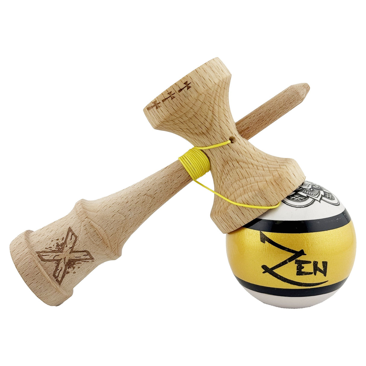 Kendama X ZEN Originala, Profesionala, Flippy, Big Cups V2, Super Sticky Legendary Cupe Mari, Rulment Metalic cu Ata 55 cm, Auriu/Alb - vivimall.ro