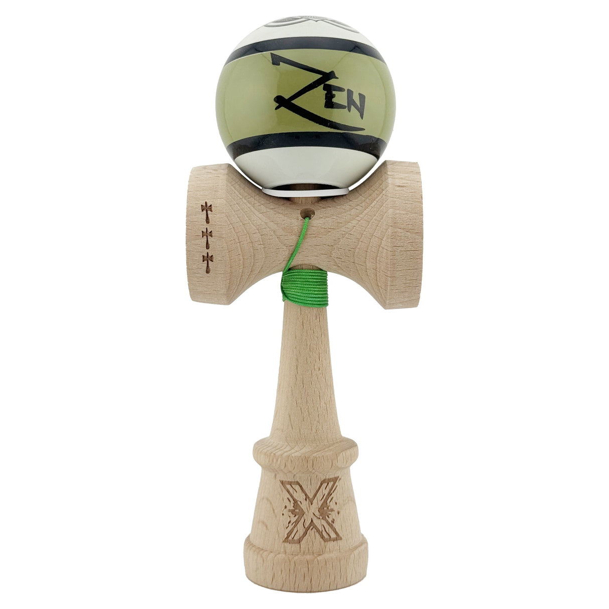 Kendama X Zen Series Originala, Profesionala, Vivimall, Super Sticky cu Cupe Mari V3, King Size Cups, Rulment Metalic si Gaura in Baza, din Lemn 18 cm, Ata 55 cm, Verde