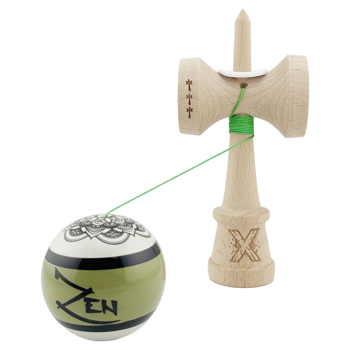Kendama X Zen Series Originala, Profesionala, Vivimall, Super Sticky cu Cupe Mari V3, King Size Cups, Rulment Metalic si Gaura in Baza, din Lemn 18 cm, Ata 55 cm, Verde