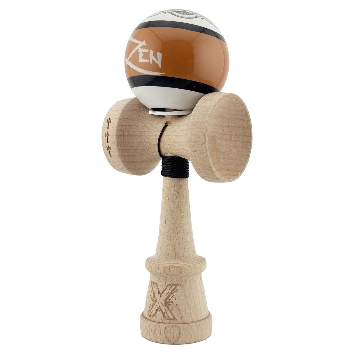 Kendama X Zen Series Originala, Profesionala, Vivimall, Super Sticky cu Cupe Mari V3, King Size Cups, Rulment Metalic si Gaura in Baza, din Lemn 18 cm, Ata 55 cm, Maro