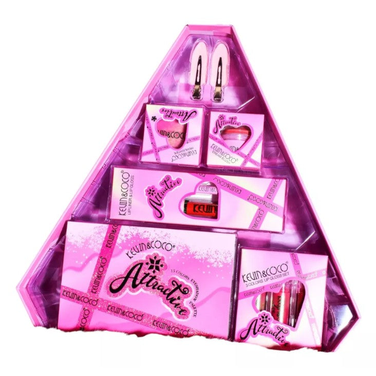 Set de Machiaj din 6 Piese Kevin&Coco, Farduri de Pleoape, Iluminator, Lip Gloss-uri, Creioane de Buze, Blush, Agrafe, Model Atractive, 35x33x10.5 cm, Multicolor - vivimall.ro