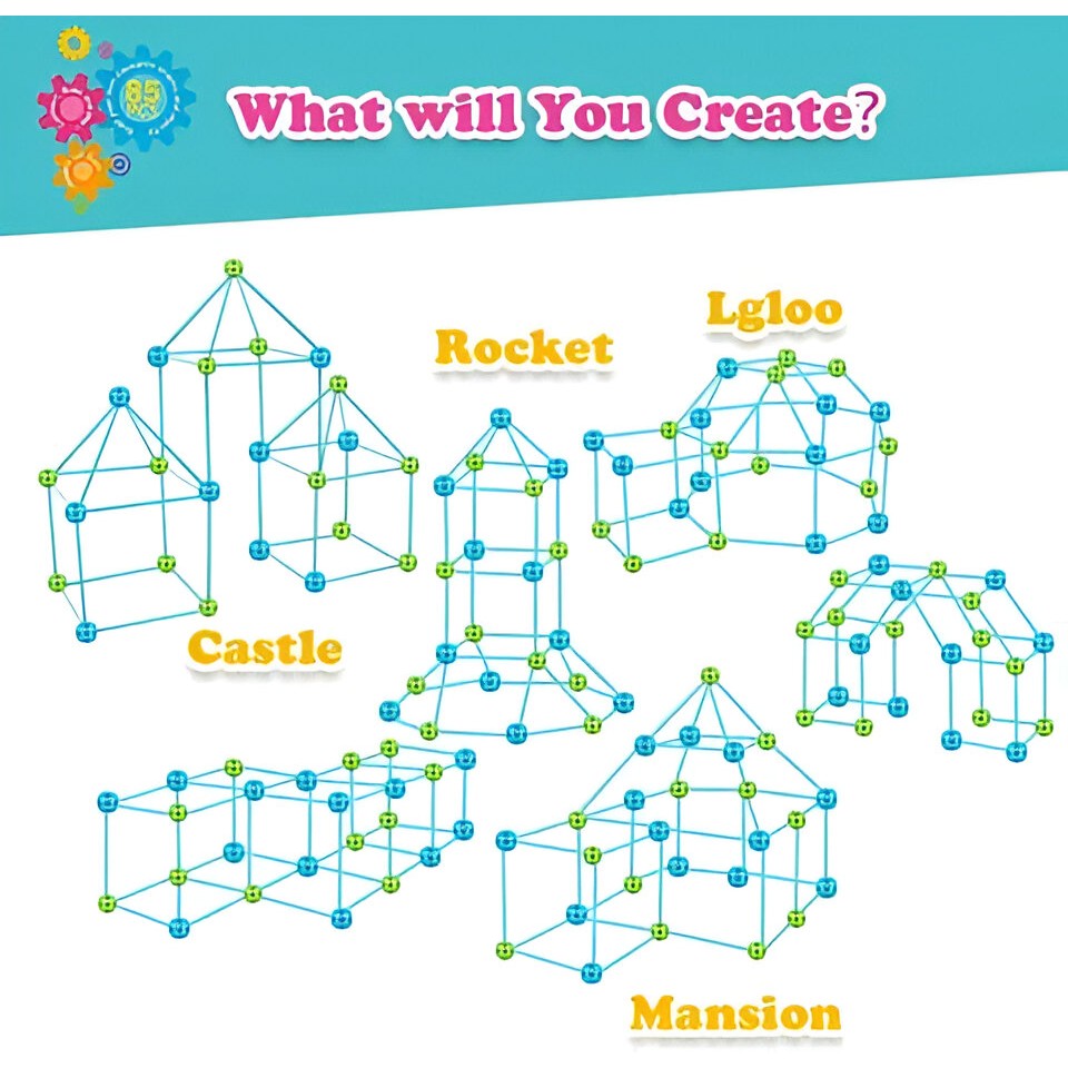 Kit de Constructie Fort 3D pentru Copii, Flippy, 560 g, 36 Sfere, 51 Tije, Panza Verde Impermeabil, 3 ani, Educativ, Multicolor